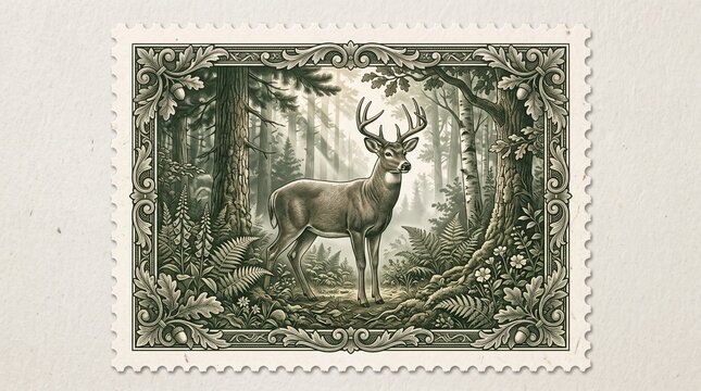 Deer stands gracefully within a detailed forest illustration printed on a vintage-style postage stamp.