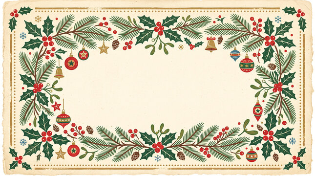 Classic Christmas holiday frame border with holly leaves red berries and pine branches on aged paper background featuring colorful baubles and gold stars for seasonal design and christmas invitations