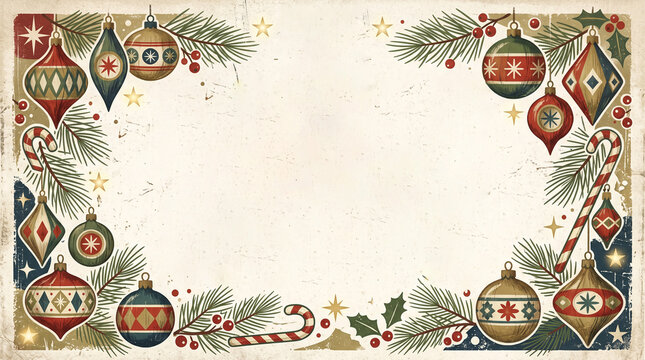 retro Vintage Christmas frame with hanging baubles pine branches and decorative candy canes on aged paper texture for seasonal greeting card design or holiday announcement template horizontal format