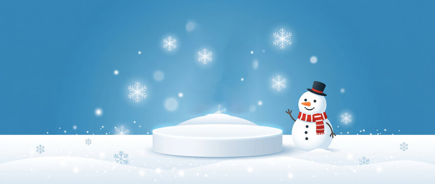 Winter landscape with snowman and product display podium on snowy ground under falling snowflakes on blue background with Empty copy space for text, Ideal for banner cover header design