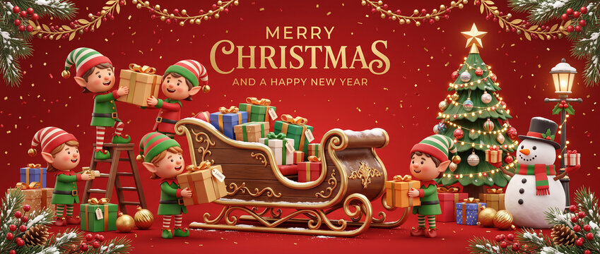 Merry christmas and happy new year social media cover banner website header design with cartoon elves loading santa sleigh with presents and decorated christmas tree