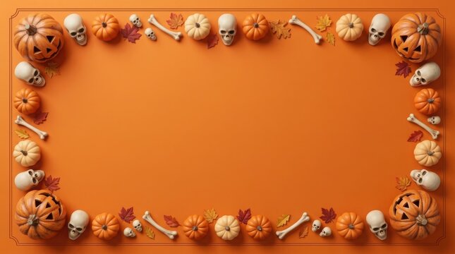 Halloween border with pumpkins skulls and bones on orange background for festive design
