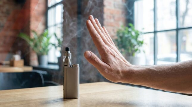 Hand saying no to an electronic cigarette device on wooden table against blurred background.