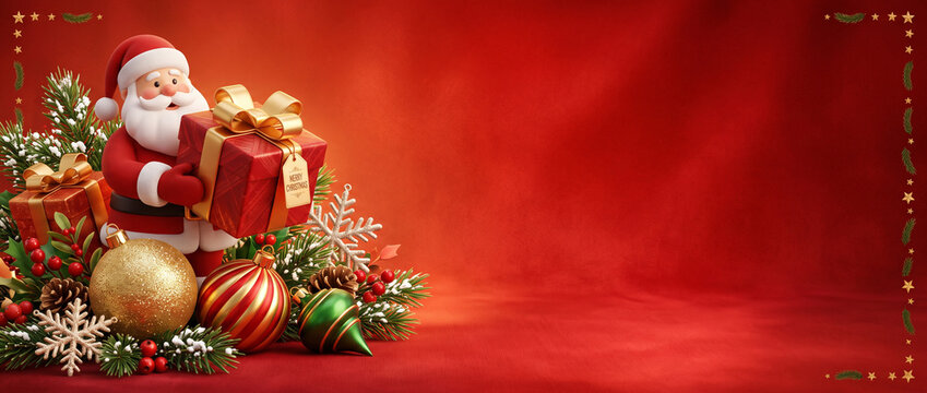 Christmas background for banner website header with Smiling santa claus, gifts, christmas ornaments, snowflakes, and pine branches on red background, festive holiday banner with blank space for text