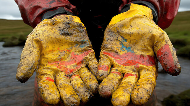 Dirty Work Gloves Held Out, Outdoor Muddy Hands Showing Protective Gear After Manual Labor