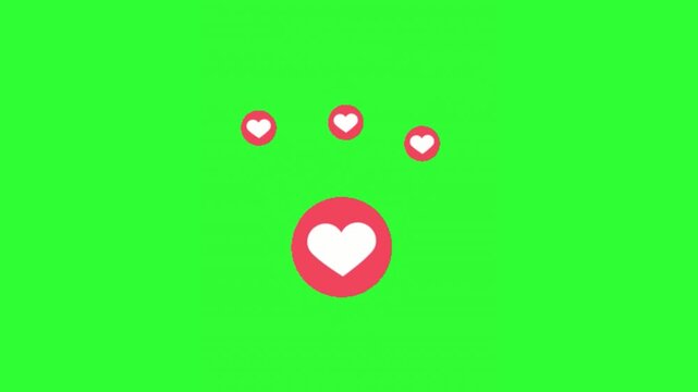 Romantic animated heart graphic featuring a large white heart inside a coral red circular badge while smaller hearts float outward on a bright green screen background. This charming motion element is 