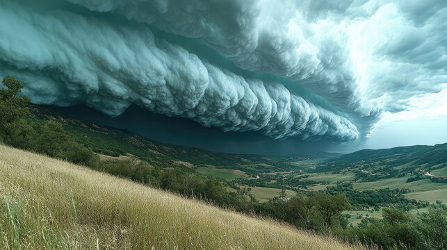 Dramatic Approaching Storm Cloud Formation Over Lush Green Hills and Fields, Ominous Weather