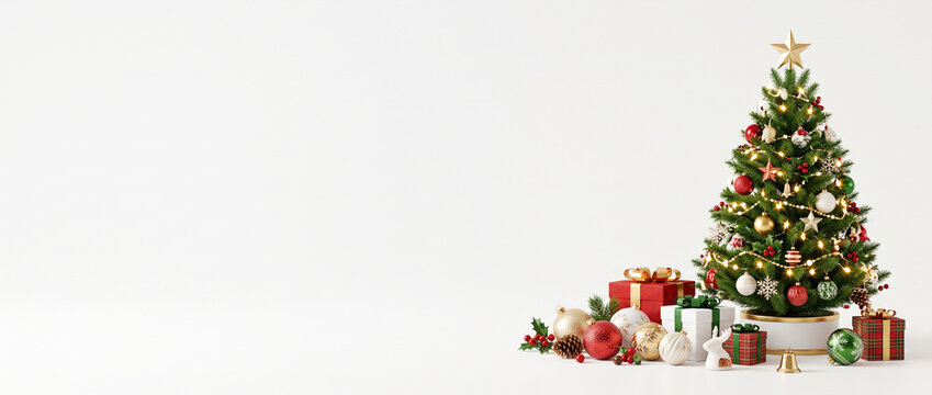 Christmas background for banner website header cover with Elegant christmas tree background with golden ornaments, snowflakes, gifts for festive holiday season promotion with empty copy space for text