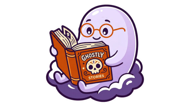Cute ghost reading book on cloud wearing glasses