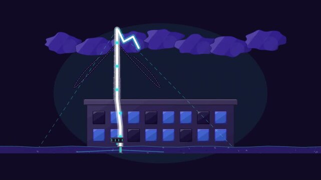 Abstract animated lightning rod covering its protection cone drawn as blue and cyan lines and shapes on a deep dark background. Seamless looping 4K motion graphics video with free space for text, idea