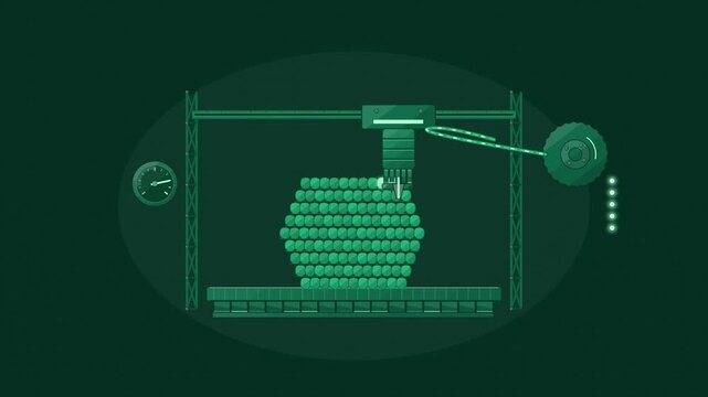 Abstract animated part printed layer by layer drawn as green and teal lines and shapes on a deep dark background. Seamless looping 4K motion graphics video with free space for text, ideal for industry