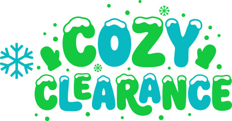 Fototapeta premium Cozy clearance text graphic with snow covered letters and winter mittens for seasonal retail sale promotion