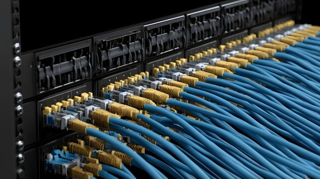 Close up of organized network cables plugged into a server rack patch panel with blue and yellow connectors