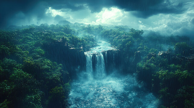 Dramatic Rainforest Waterfall Under Stormy Skies, Lush Greenery, Misty Atmosphere, Natural Beauty
