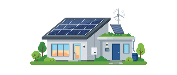 Eco-friendly house with solar panels and wind turbine, green energy concept © Kodrat