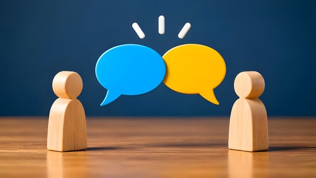 Two wooden figures with blue and yellow speech bubbles engaged in dialogue, communication, negotiation, or business discussion concept