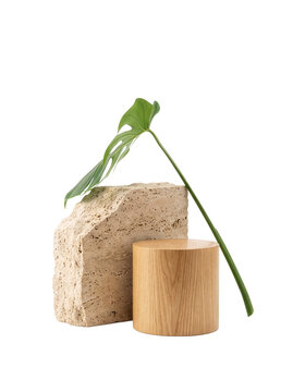 Podium stage pedestal with stone and wood for product presentation-(Panggung podium dengan batu dan kayu untuk presentasi produk)