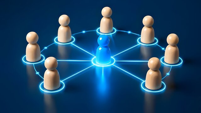 Glowing blue central wooden leader figure connected to team members in digital network for leadership, teamwork, and centralization concept