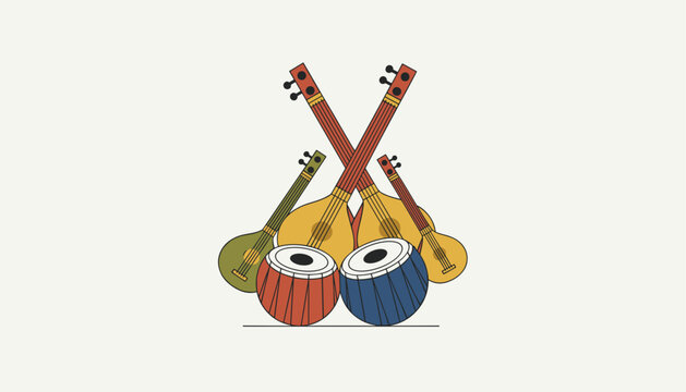 Traditional Indian musical instruments including the sitar and tabla are grouped together on a white background in a flat illustration style.