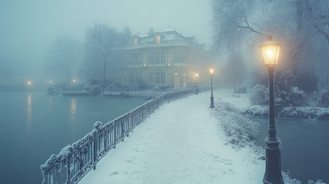 Enchanting Winter Scene: Snow-Covered Path to Historic Building by Foggy Lake with Glowing Lamppost