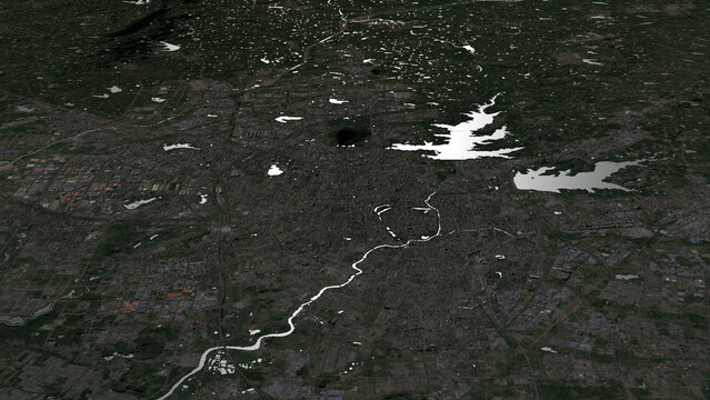 Oblique aerial 3D illustration of Hefei, China. Contains modified Copernicus Sentinel data (2023). Surface/elevation: ESA/Copernicus.