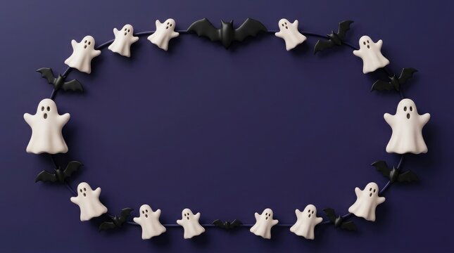 Festive halloween border created with adorable white ghost figures on a purple background