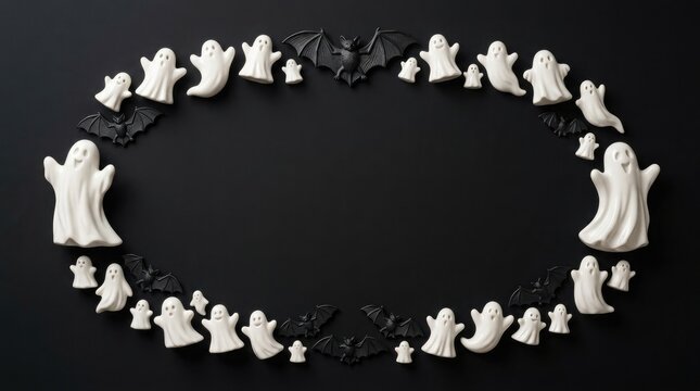 Spooky halloween ghosts arranged in an oval frame on a dark background