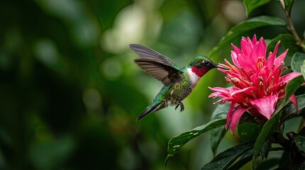 Naklejka premium Hummingbird feeding on vibrant pink flower in lush greenery