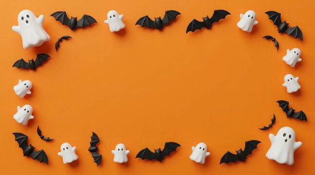 Halloween decorations frame with ghosts and bats on orange background
