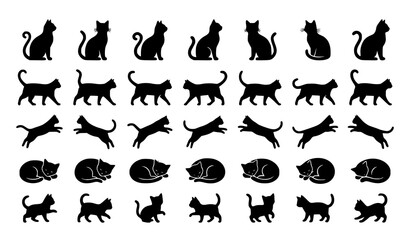 Fototapeta premium Black Cat Silhouette Icon Set Featuring Rows of Felines Sitting Walking Running Leaping Sleeping and Playing for Halloween Pet Care and Animal Graphic Designs