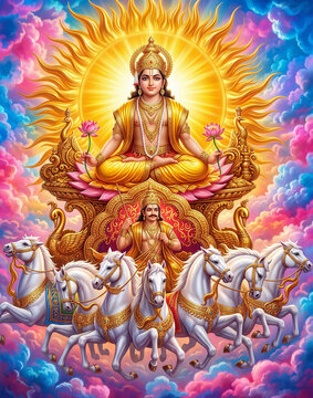 Glorious divine entity in Hinduism radiating bright golden light while seated on a beautifully decorated chariot
