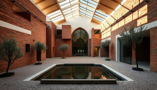 Modern red brick courtyard hall with central reflecting pool under glass skylight roof
