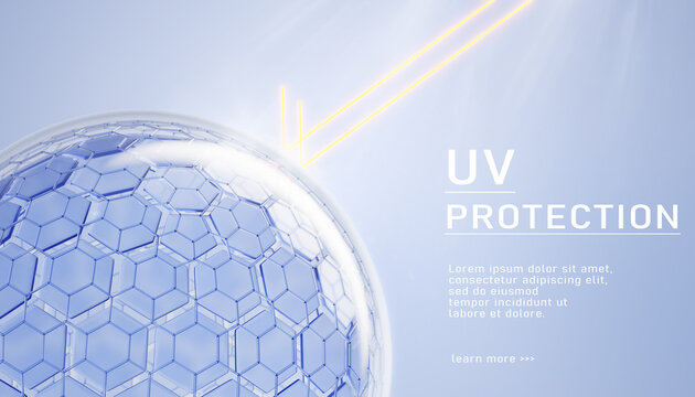 UV protection cosmetic skin care shield, reflect sun rays from hexagon cell structure. Sunscreen product banner with transparent 3d sphere on light blue background. Ultraviolet block. 3D illustration