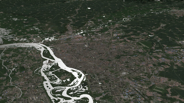 Oblique aerial 3D illustration of Harbin, China. Contains modified Copernicus Sentinel data (2023). Surface/elevation: ESA/Copernicus.