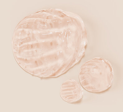 Nude drop liquid serum foundation swatches. Natural beige gel cream smears with bubbles, top view. 3D render clear jelly lotion cosmetic texture for beauty or skincare product design. 3D illustration