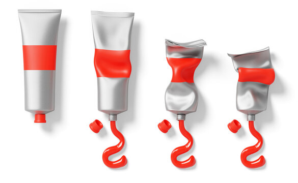 Red paint squeeze tubes 3d set in sequence from full to empty. Closed and open used silver metal containers with oil or acrylic dye. Vibrant color samples, isolated packaging mockups. 3D illustration