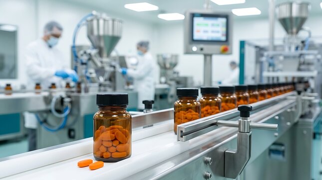 Automated pharmaceutical production line with glass bottles filled with orange pills moving along conveyor belt in clean room facility.