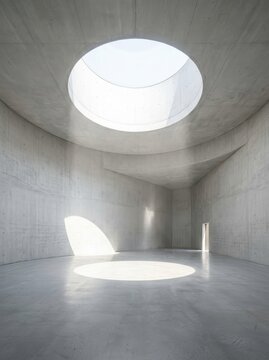 Modern Brutalist Architecture Interior with Large Circular Skylight and Natural Light Beam on Concrete Floor