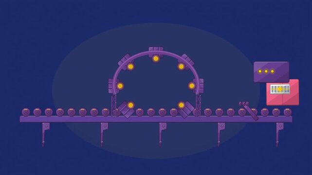 Abstract animated parcels scanned through a barcode tunnel drawn as blue and cyan lines and shapes on a deep dark background. Seamless looping 4K motion graphics video with free space for text, ideal 