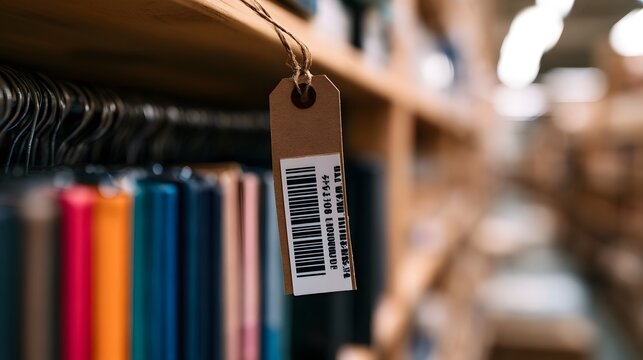 A close up of a brown paper tag with a barcode hanging from a string over a row of colorful books on a wooden shelf