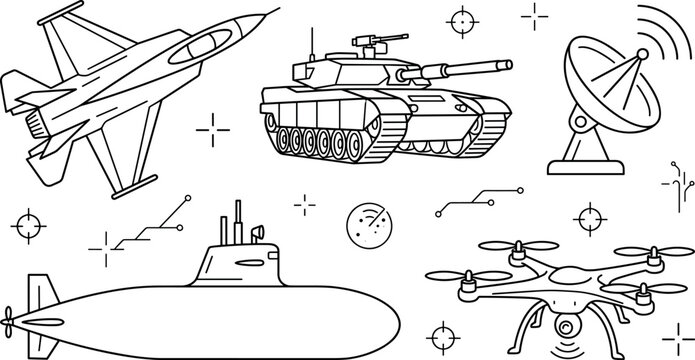Military Vehicles Line Art Vector Set Featuring Fighter Jet Tank Submarine Drone Radar Elements for Defense Graphic Design