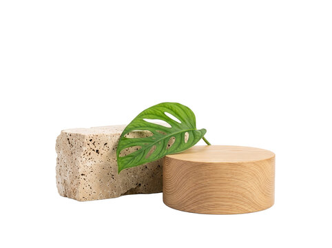 Wooden and Stone Podiums with Leaf for Product Display-(Podium Kayu dan Batu dengan Daun untuk Tampilan Produk)