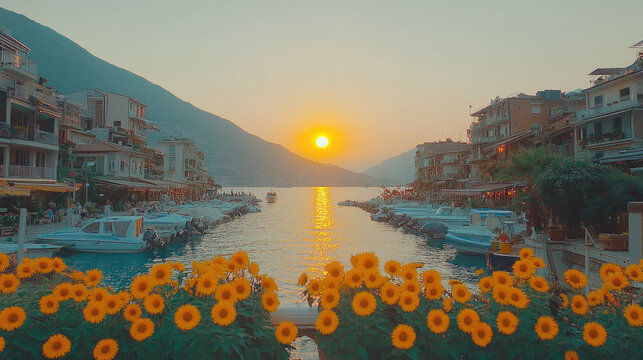Golden Sunset Over Mediterranean Coastal Town Harbor with Boats and Blooming Flowers