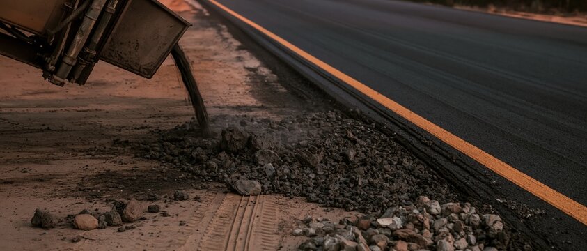 Hot bitumen spilling from a paver chute onto a fresh road bed, featuring steaming asphalt textures and golden line markings for construction campaigns