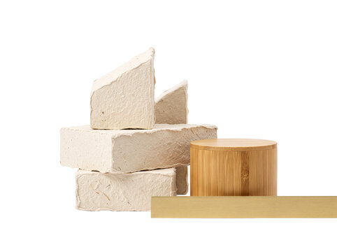 Natural beige podium and raw stones for product display-(Podium beige alami dan batu mentah untuk pajangan produk)