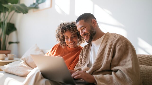 Couple sitting on a sofa sharing a laptop, looking at the screen with calm smiles in a luminous domestic room for online service campaigns, mockup