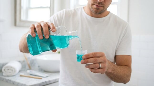 Man pouring blue mouthwash into measuring cup in bathroom for dental hygiene, fresh breath and oral care routine.