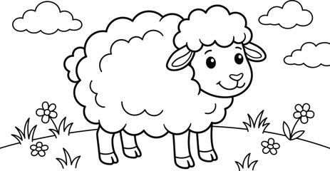 Obraz premium Cute cartoon lamb standing in a grassy field with fluffy clouds overhead