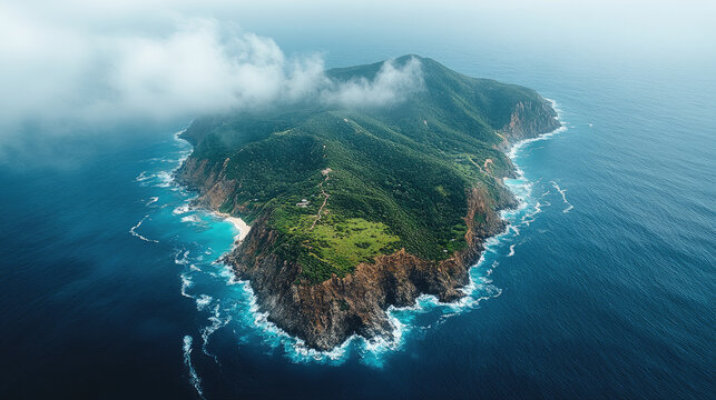 Lush Green Island Paradise Surrounded by Deep Blue Ocean, Aerial View of Secluded Tropical Landscape with Rocky Coastline