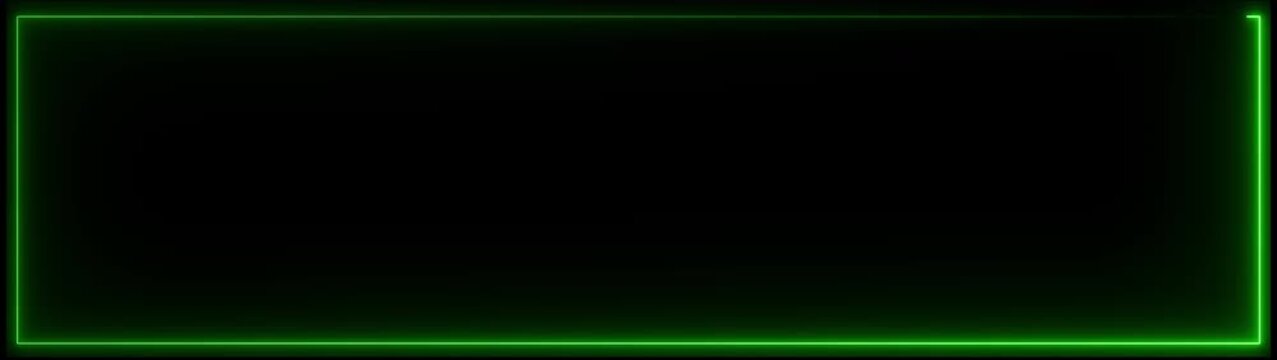 Green neon glowing rectangular frame border animation on black background